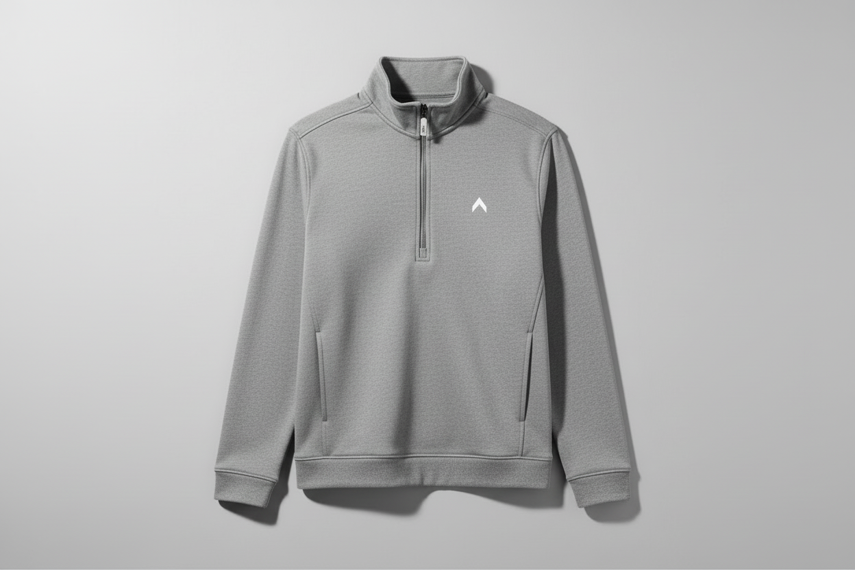 Ash grey quarter-zip with white logo