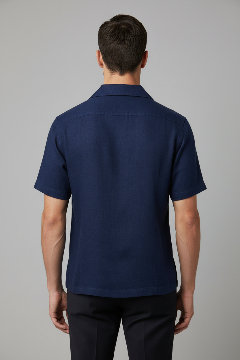 Back View Navy Blue Cuban Collar