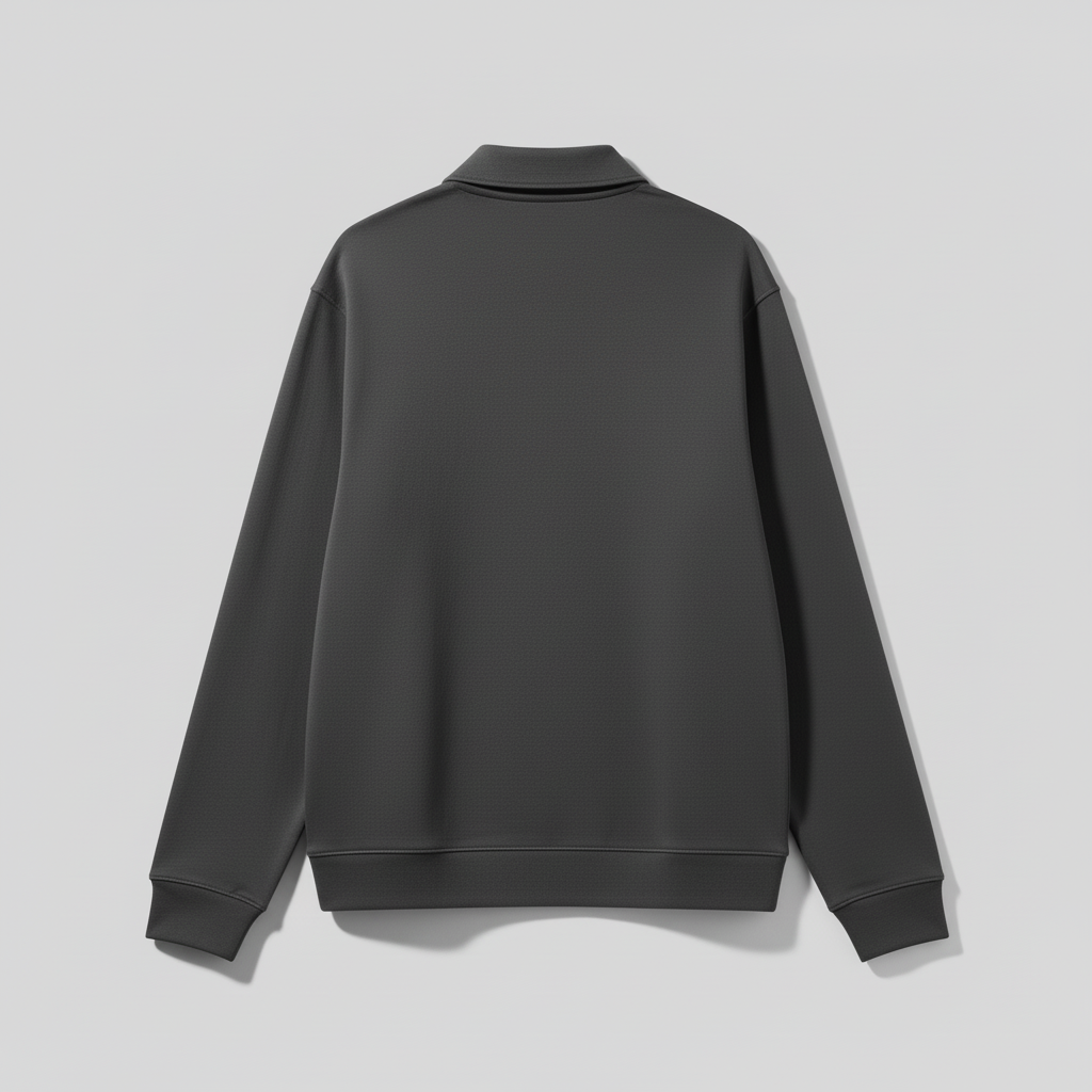 Back view of charcoal gray polo jacket