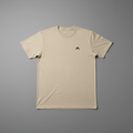 Beige t-shirt flat lay with matching logo size