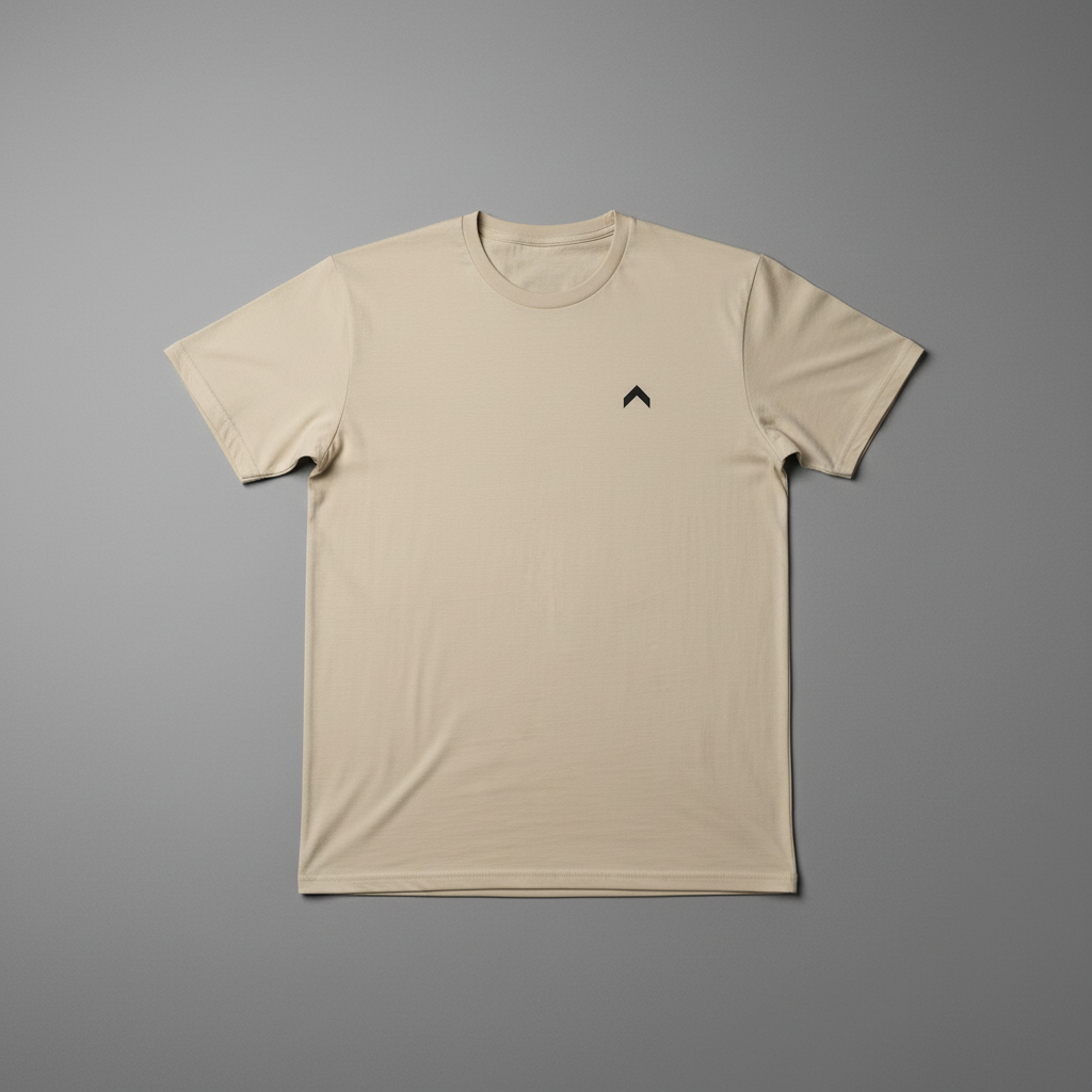Beige t-shirt flat lay with matching logo size