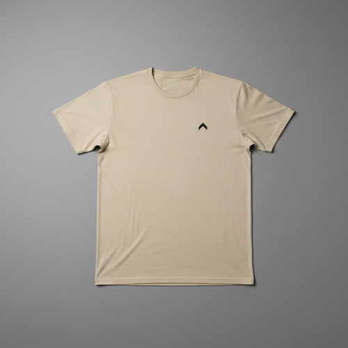 Beige t-shirt flat lay with matching logo size