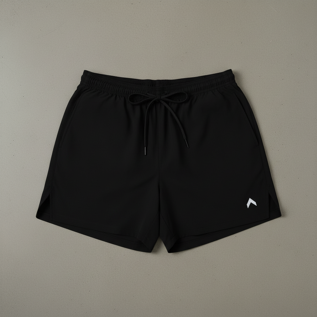 Black 3" split running shorts flat lay