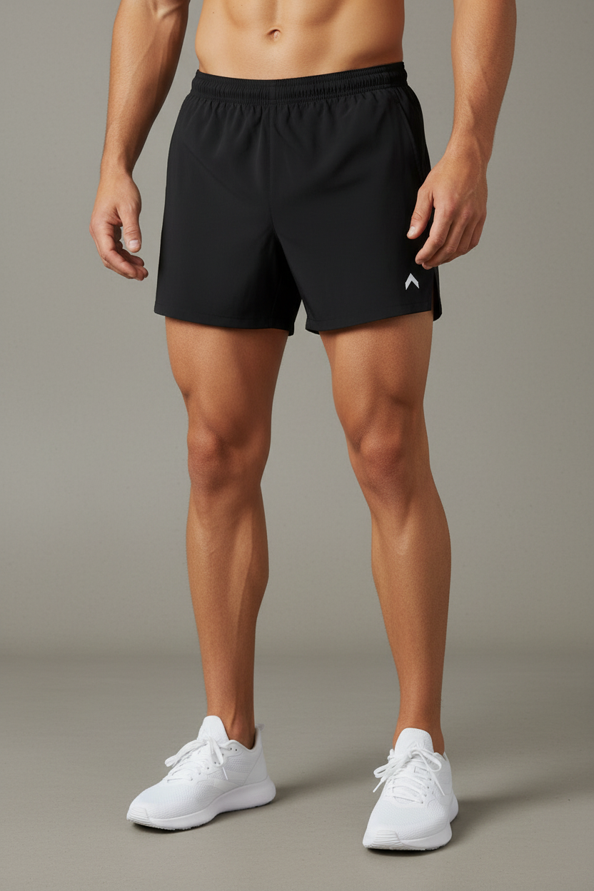 Black 3" split running shorts with white logo