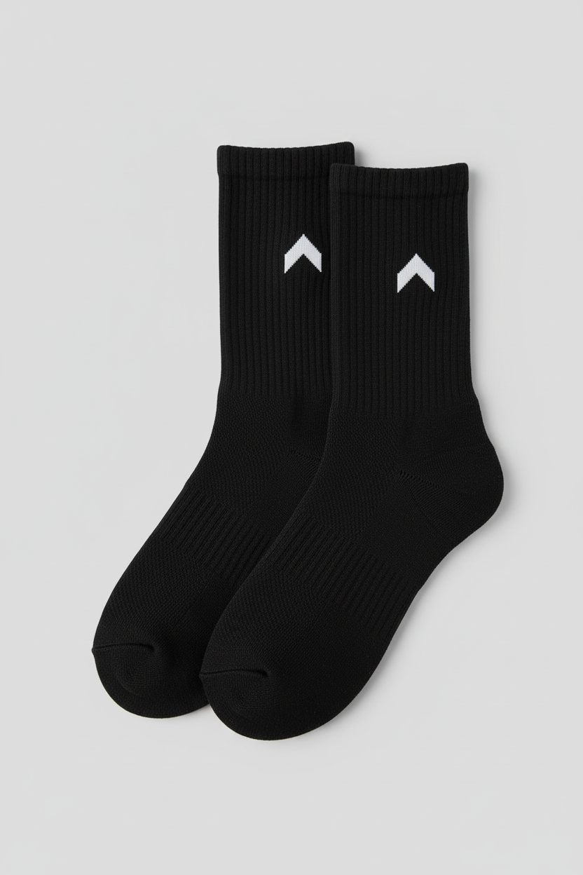 Black crew socks with white side logo