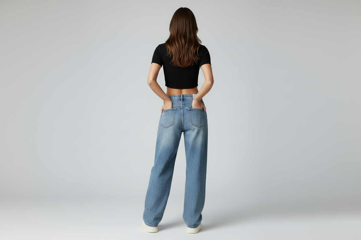 Black crop top and distressed jeans back view