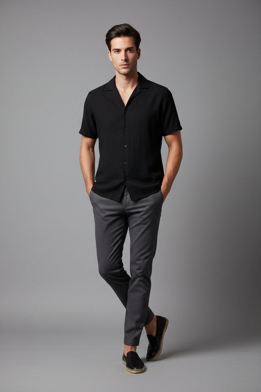 Black Cuban Collar Shirt