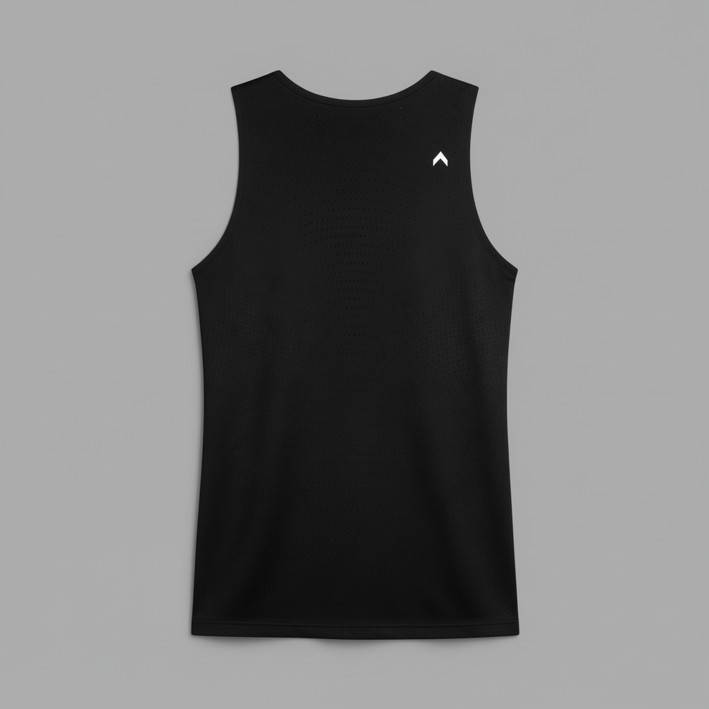 Black running singlet back view with logo at top right