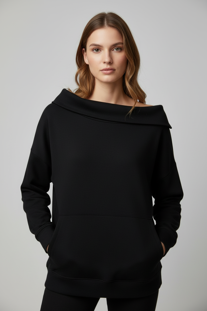 Black sweatshirt - different model, hands in pockets