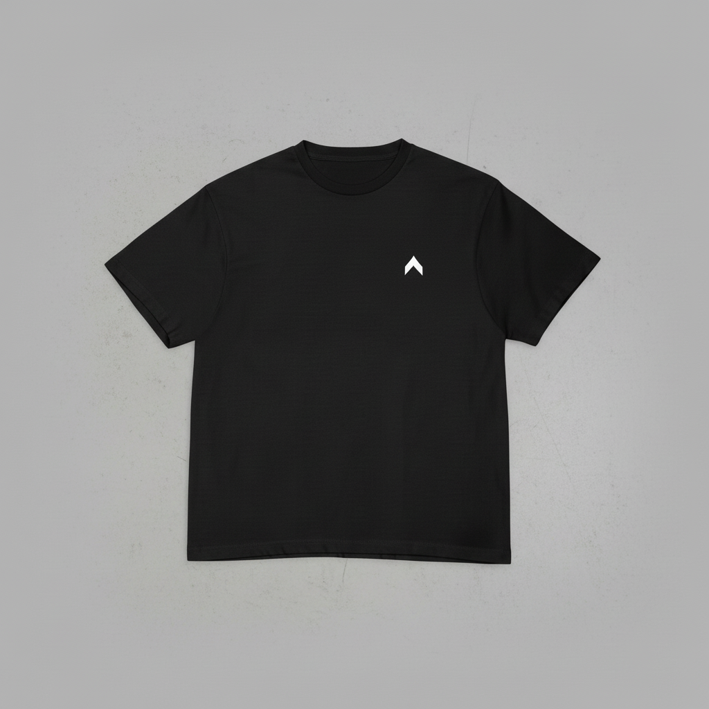 Black t-shirt front view with subtly sized chevron logo