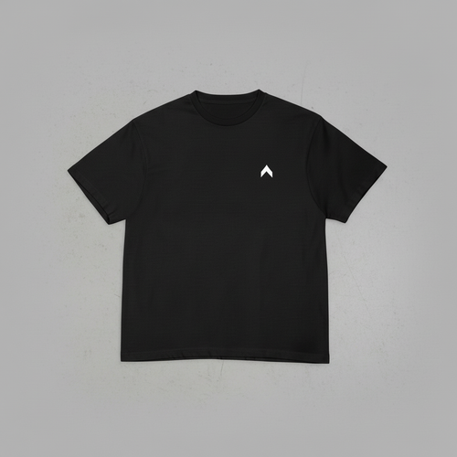 Black t-shirt front view with subtly sized chevron logo