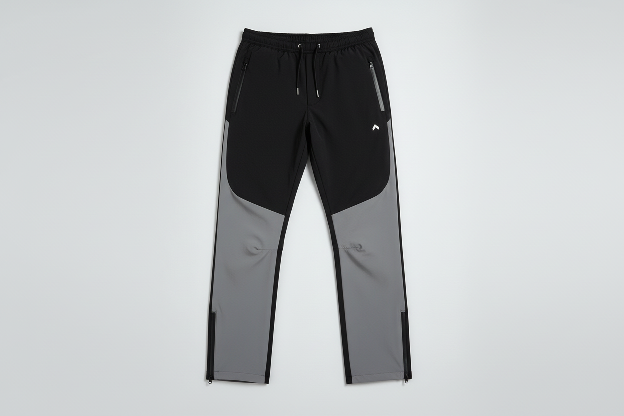 Black with gray accent rain-proof pants flat lay