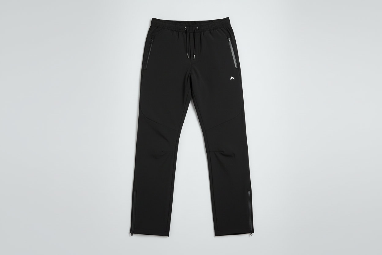 Black with white accent rain-proof pants flat lay