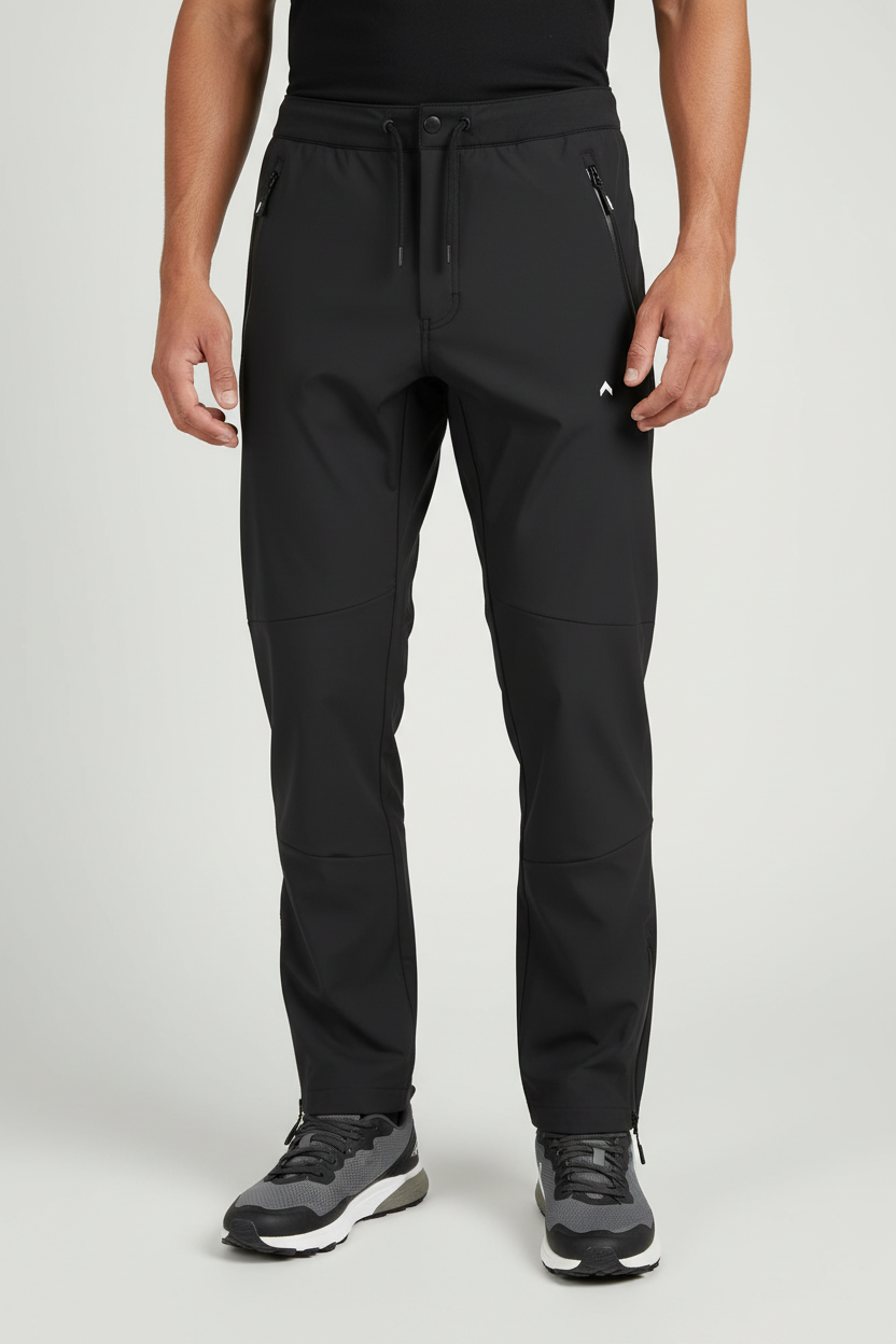 Black zip-up rain-proof pants with white logo
