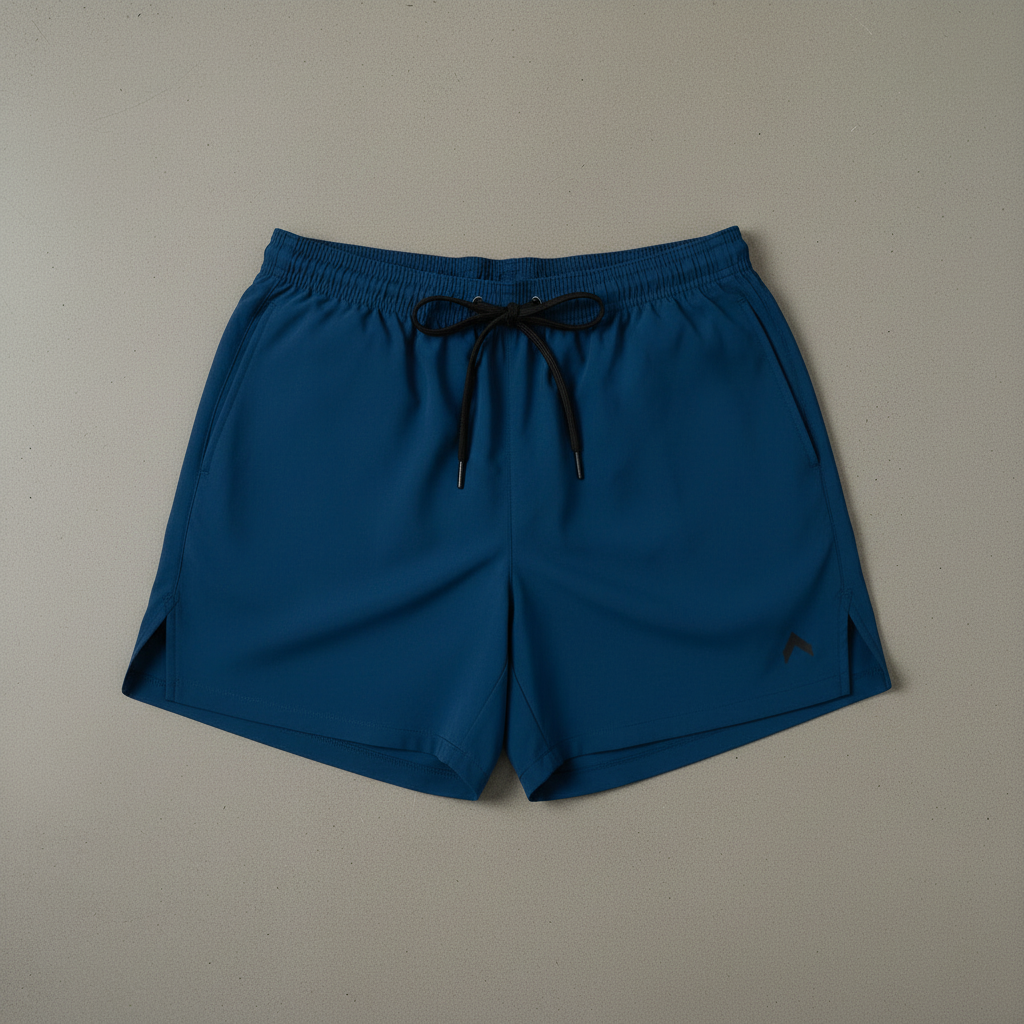 Blue 3" split running shorts flat lay