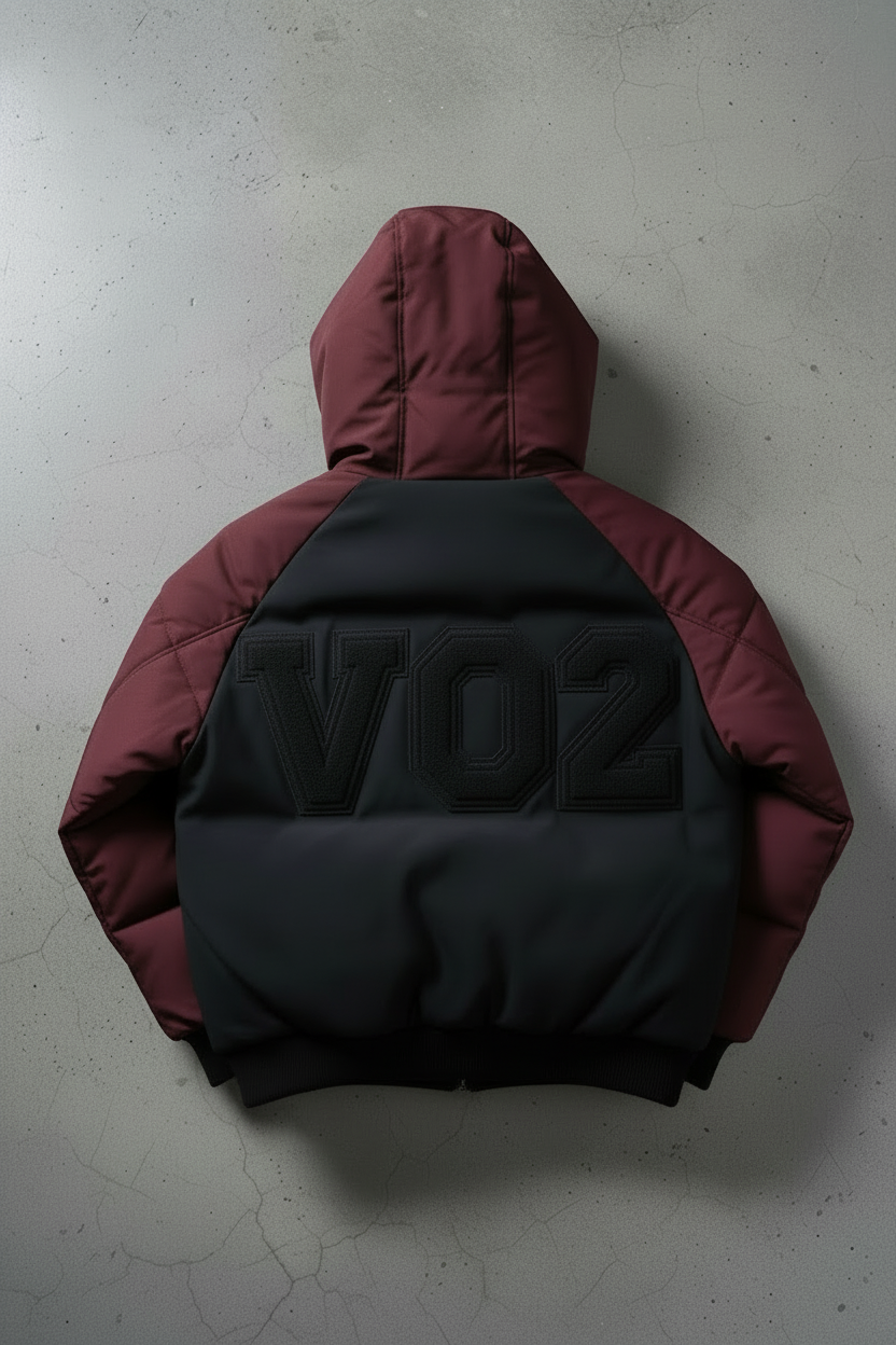 Burgundy and black puffer jacket back with black embroidered VO2 letters