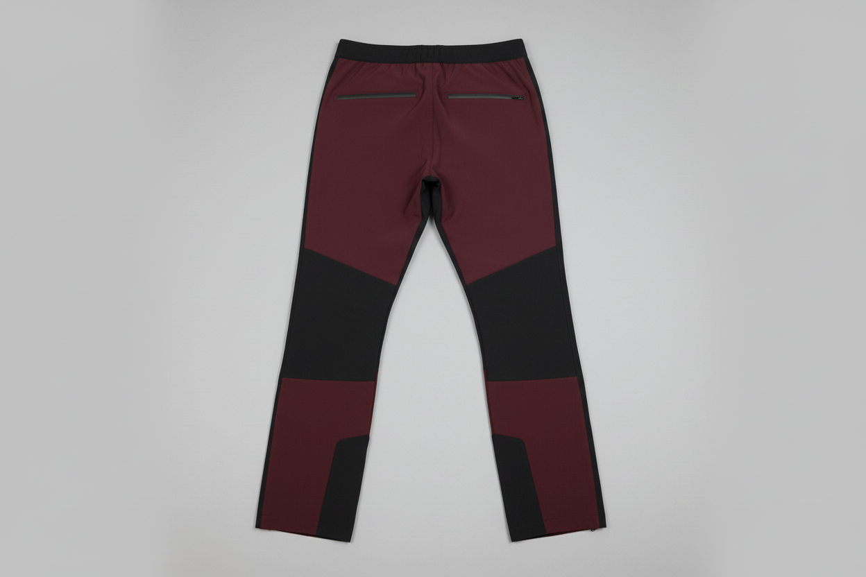 Burgundy and black rain-proof pants back view flat lay