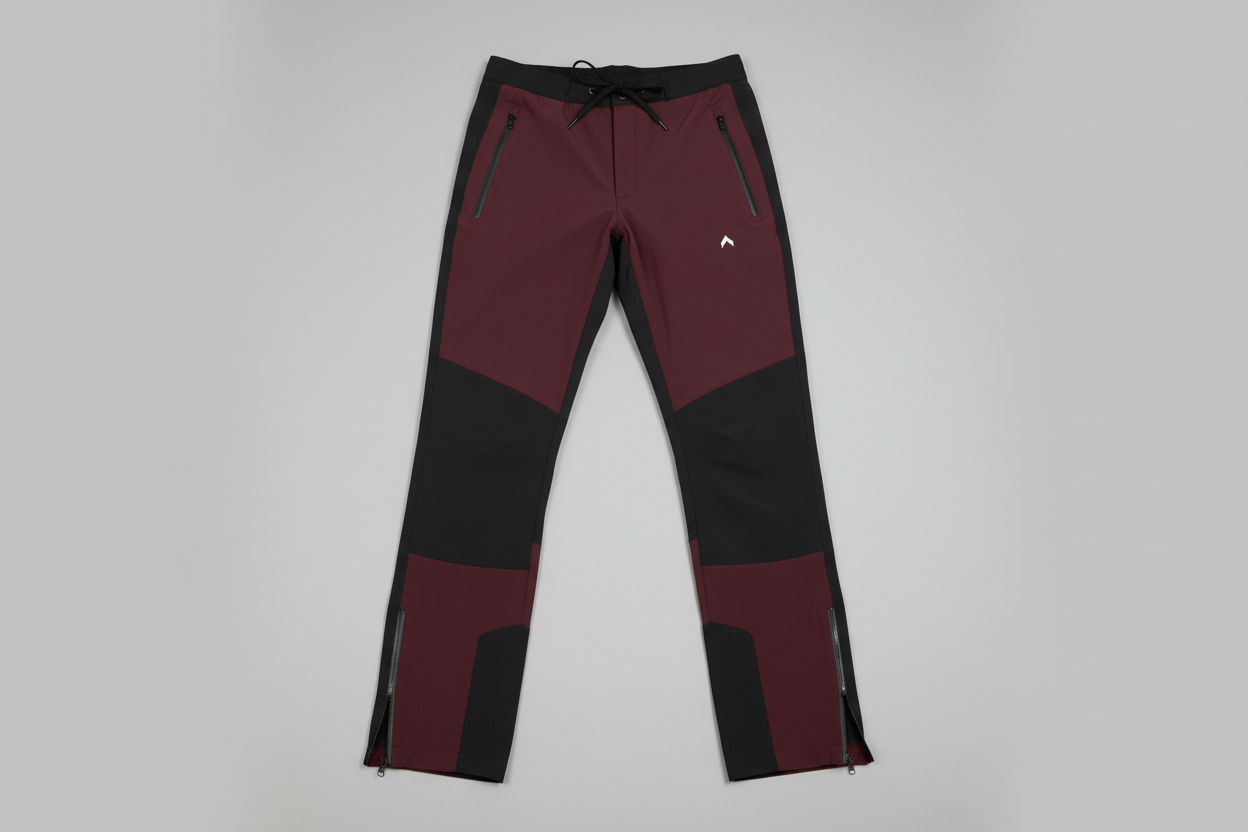 Burgundy and black rain-proof pants - front angle floor shot