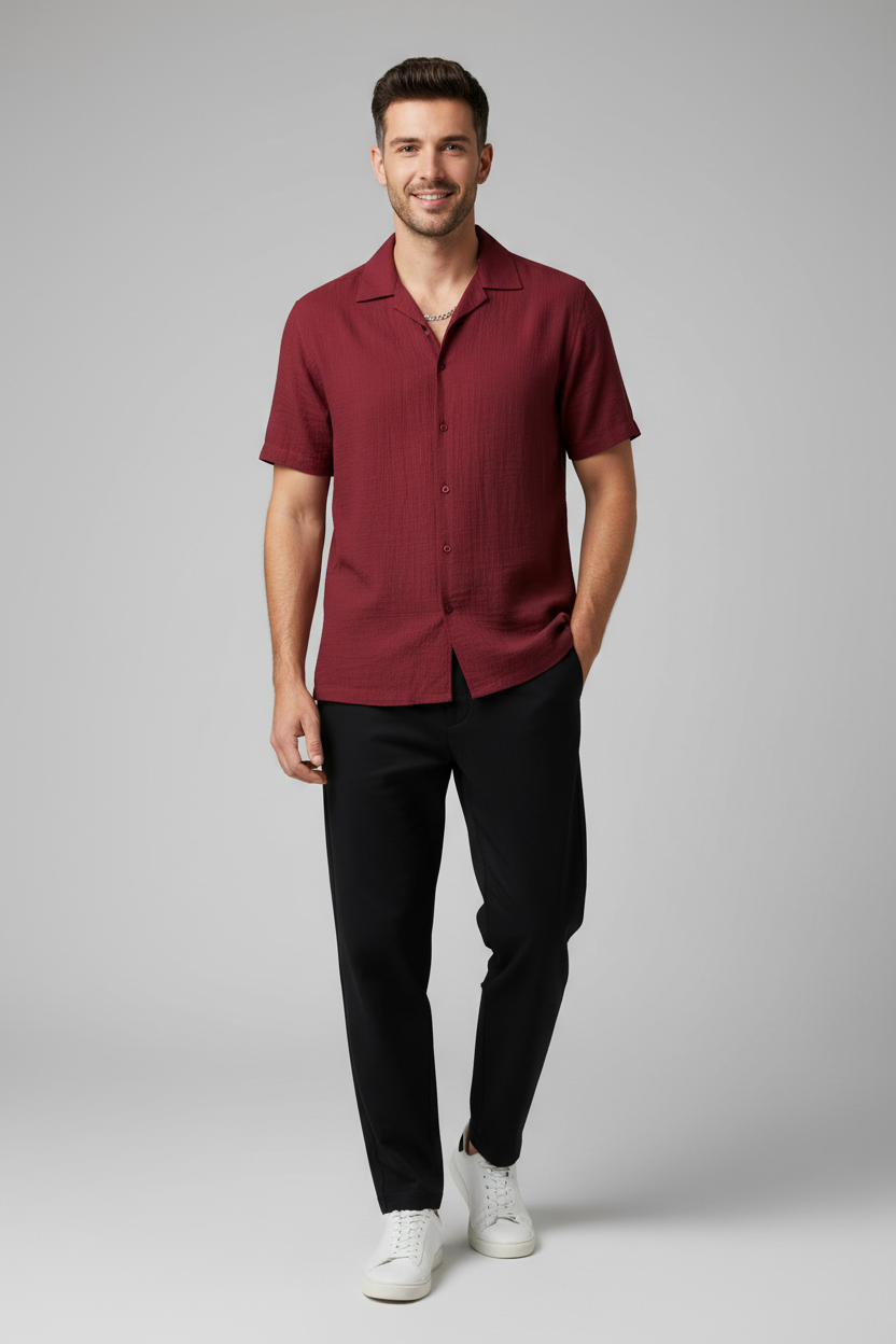 Burgundy Cuban Collar Shirt