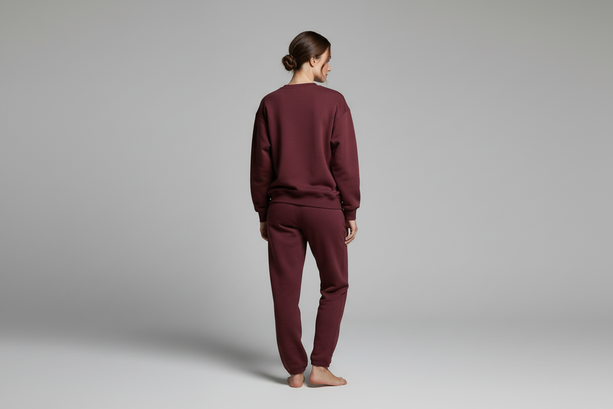 Burgundy sweatshirt and joggers back view