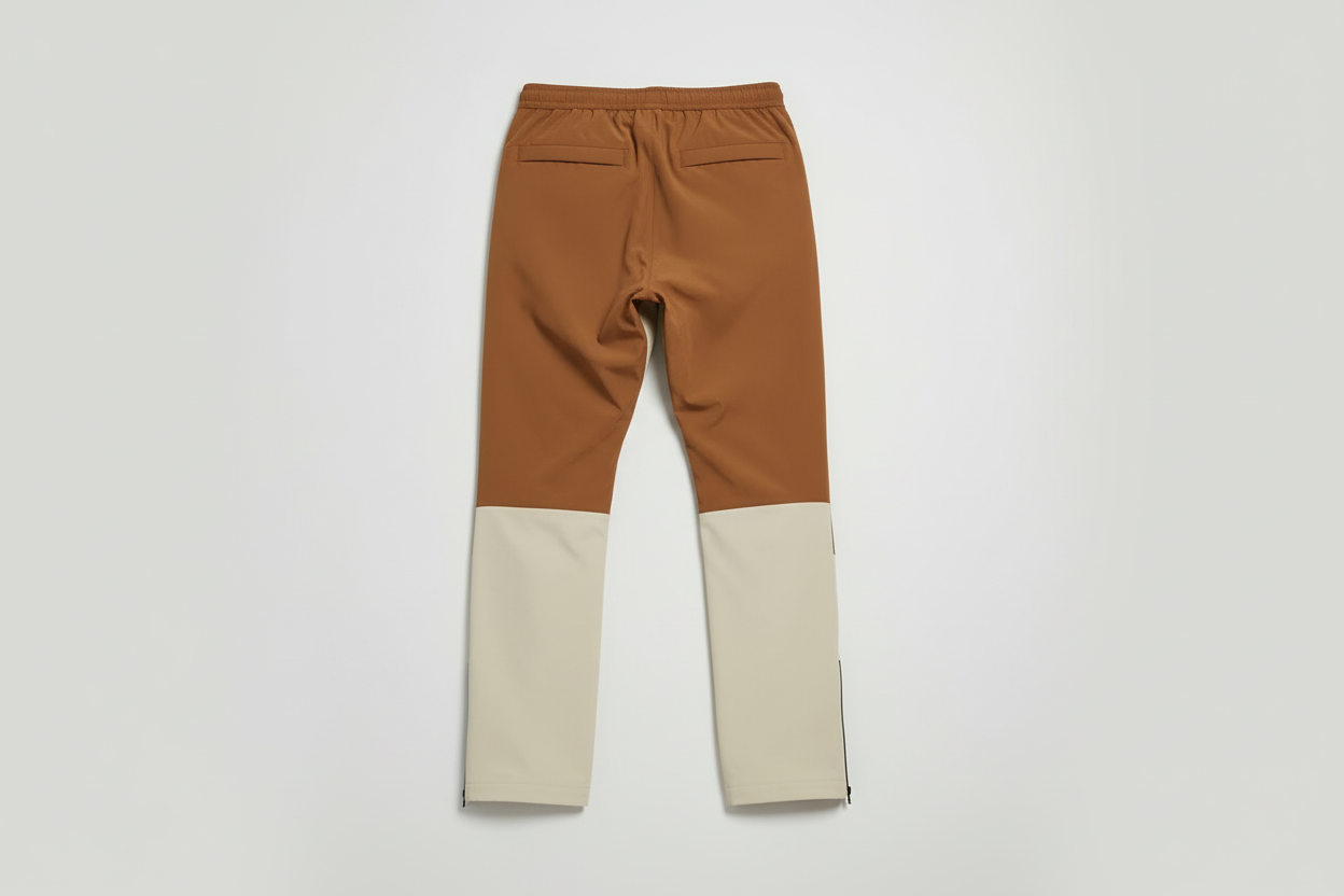 Camel brown and cream rain-proof pants back view flat lay