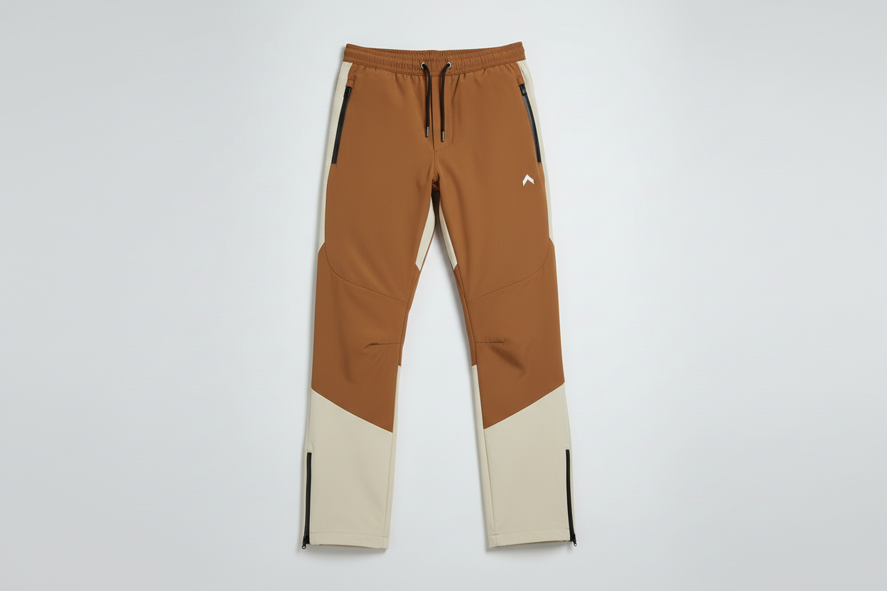 Camel brown and cream rain-proof pants flat lay