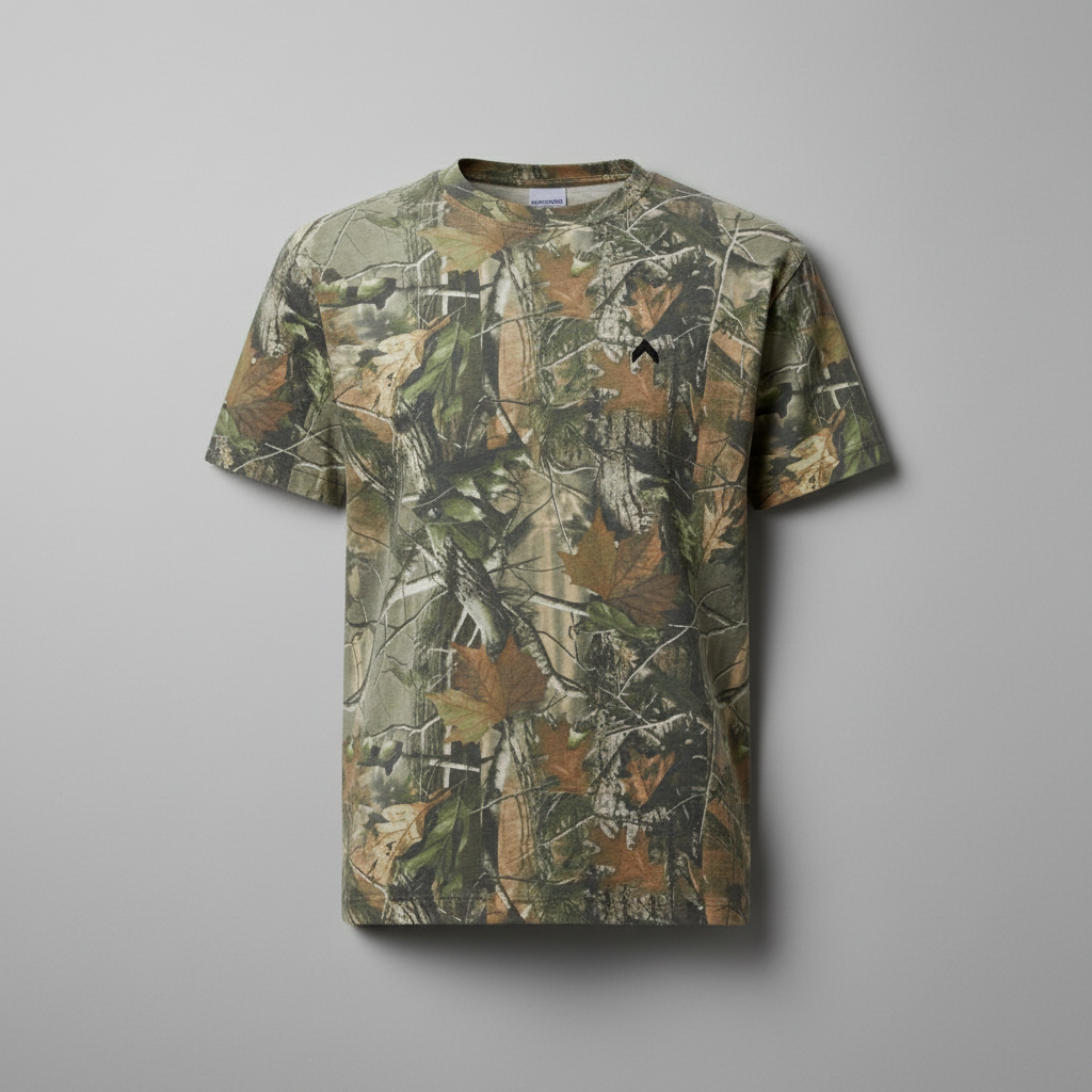 Camo t-shirt flat lay, wrinkle-free front view