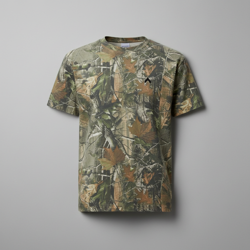 Camo t-shirt flat lay, wrinkle-free front view