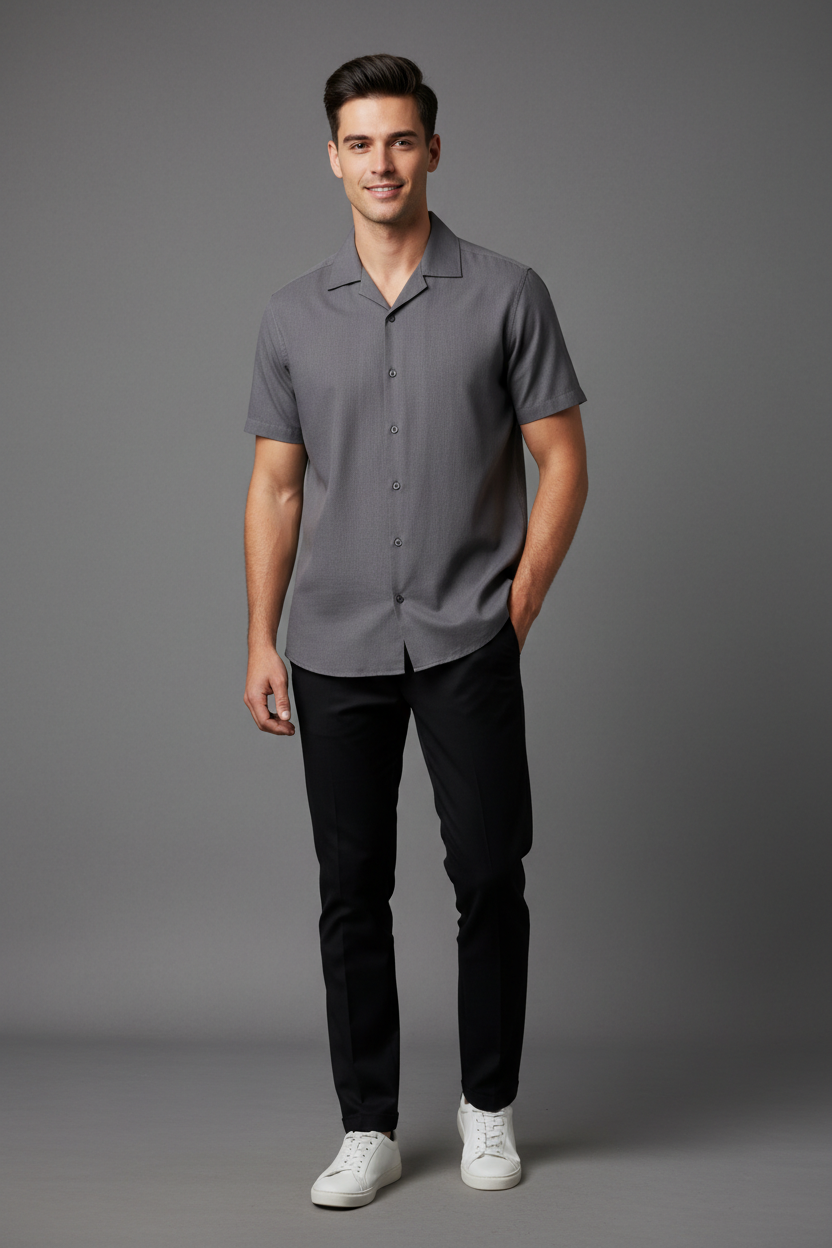 Charcoal Gray Cuban Collar Shirt