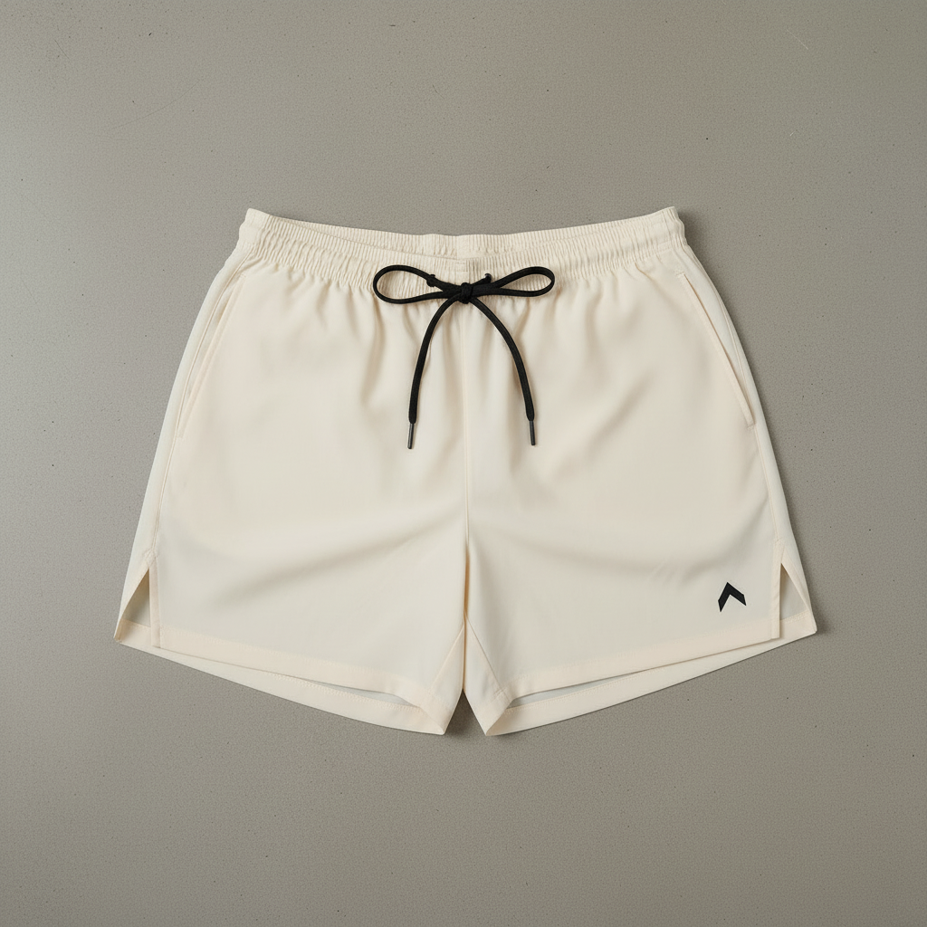 Cream 3" split running shorts flat lay