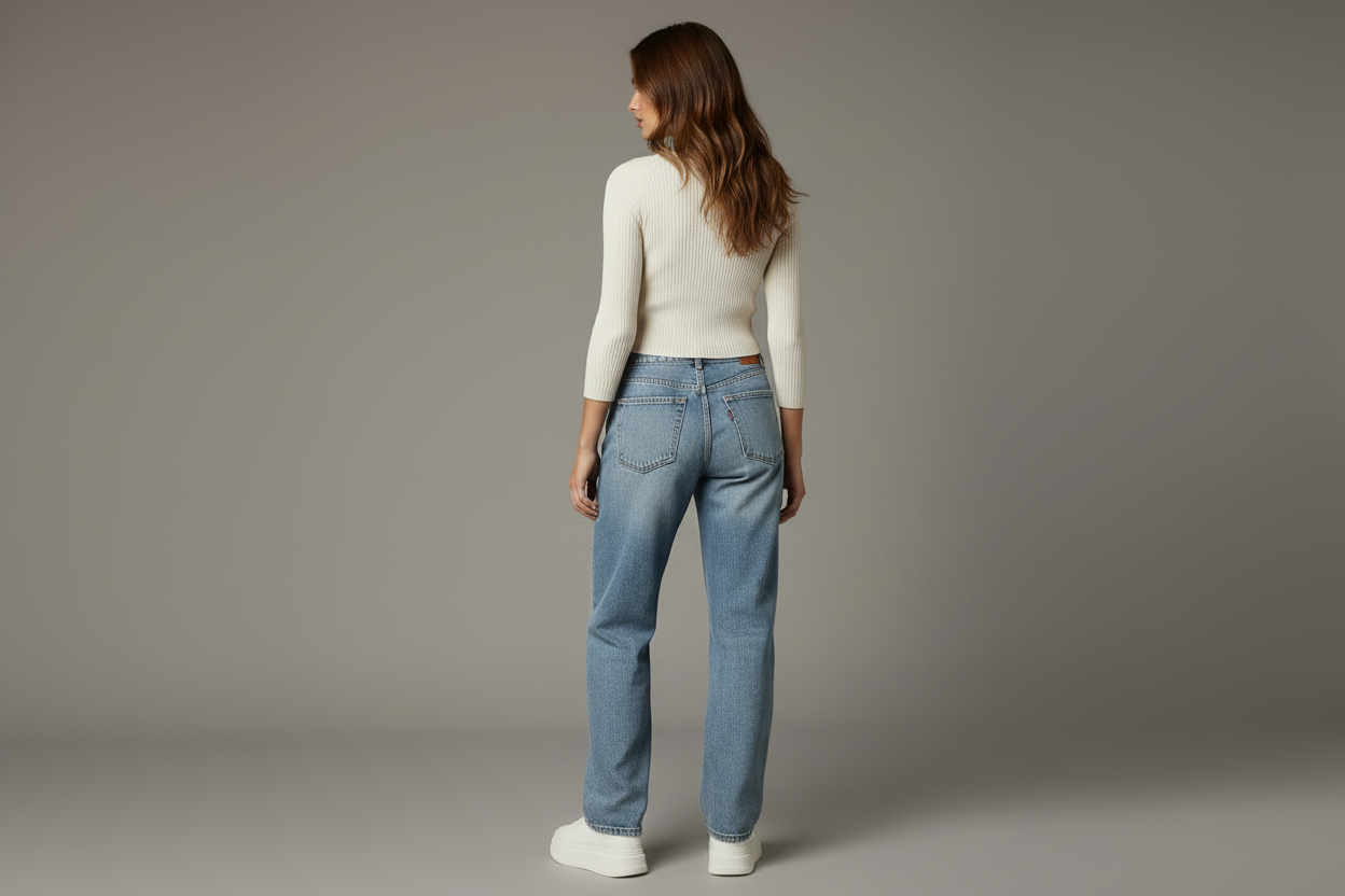 Cream crop top and vintage jeans back view