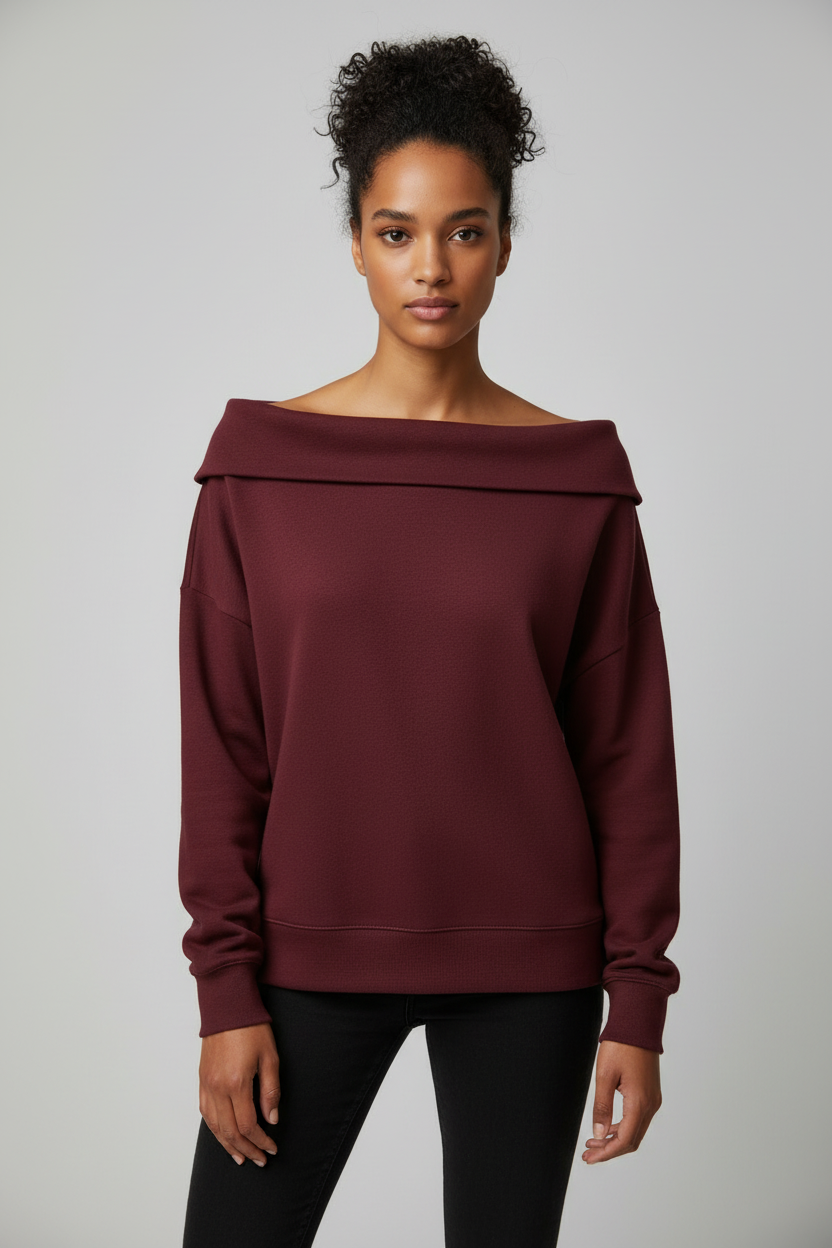 Dark burgundy sweatshirt - different model, relaxed pose