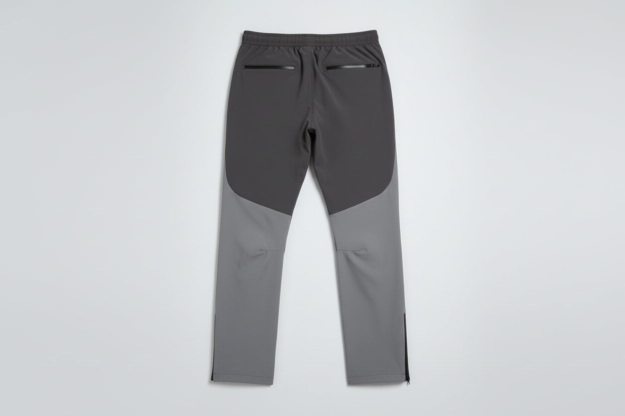 Dark gray and light gray rain-proof pants back view flat lay