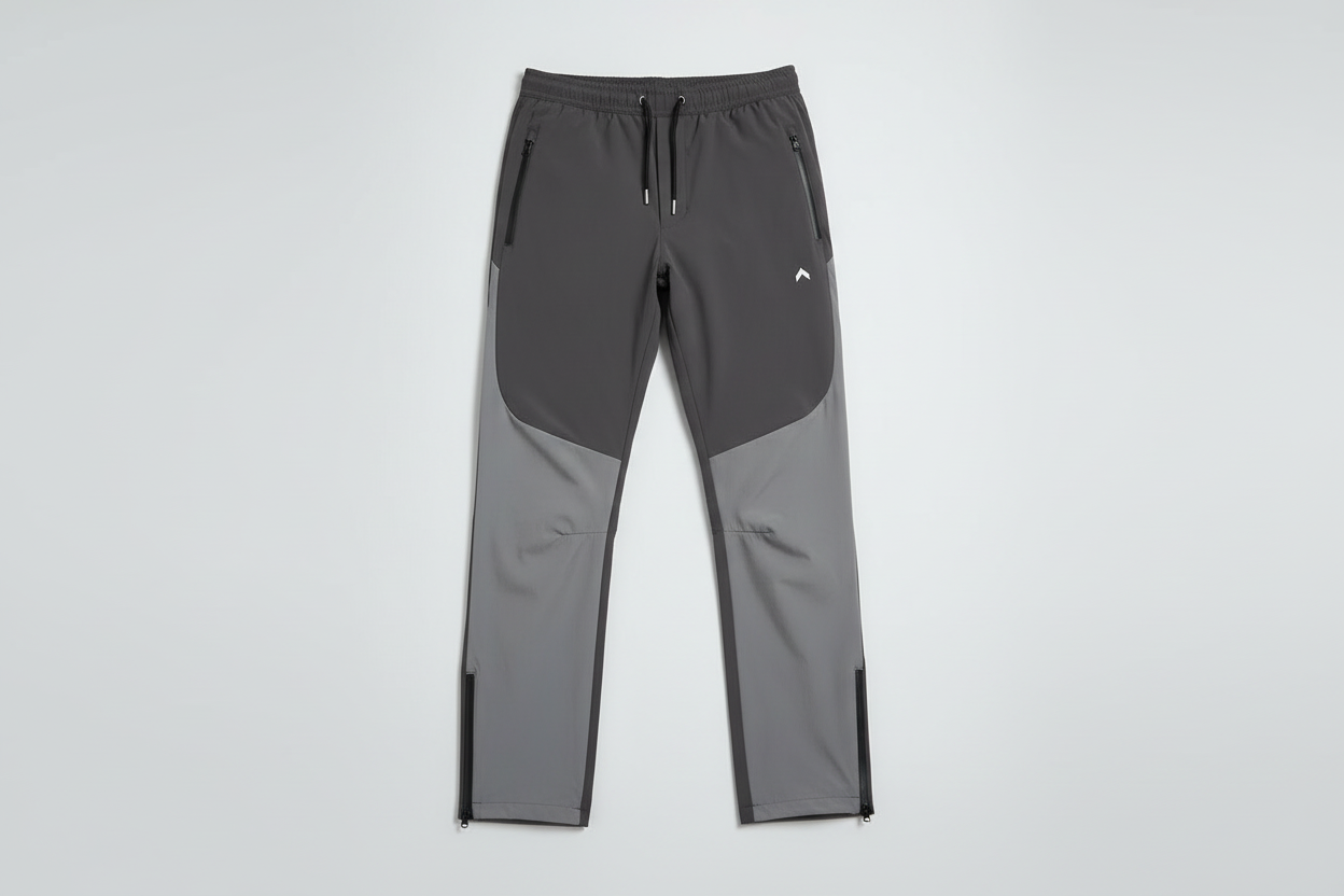 Dark gray and light gray rain-proof pants - front angle floor shot