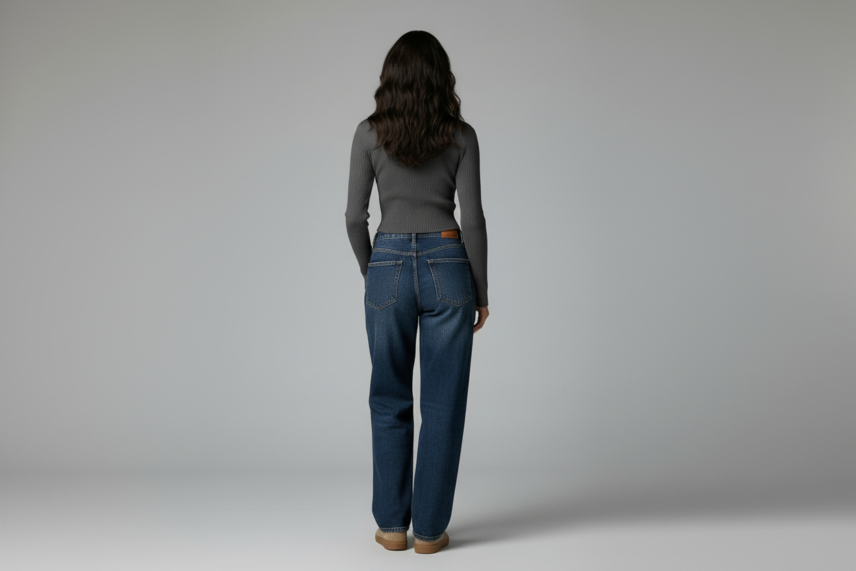 Dark gray crop top and jeans back view