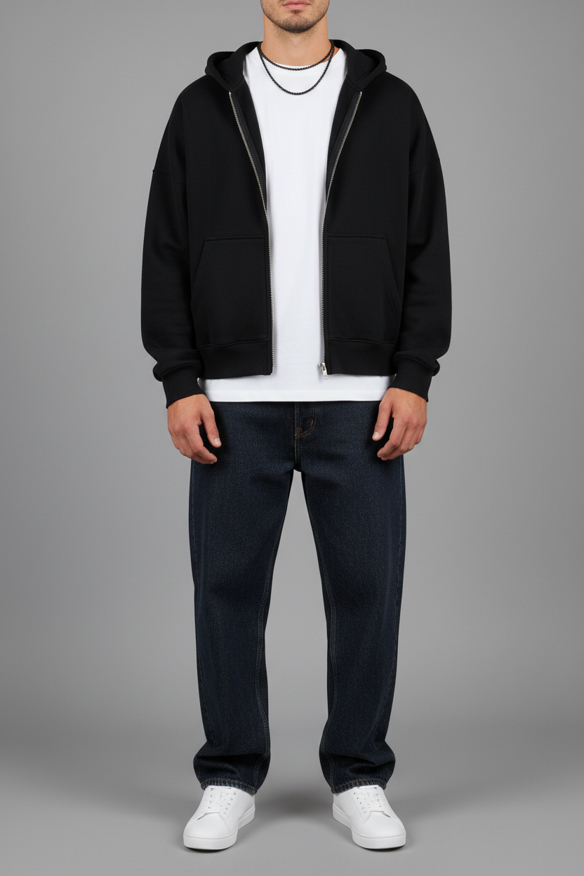 Full-zip hoodie black with baggy jeans