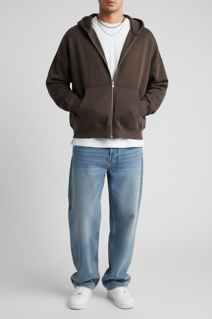 Full-zip hoodie brown with baggy jeans
