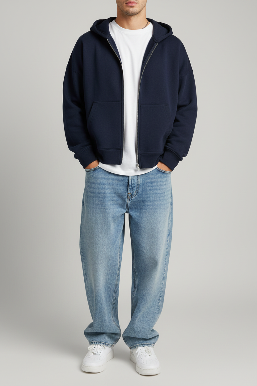 Full-zip hoodie navy with baggy jeans