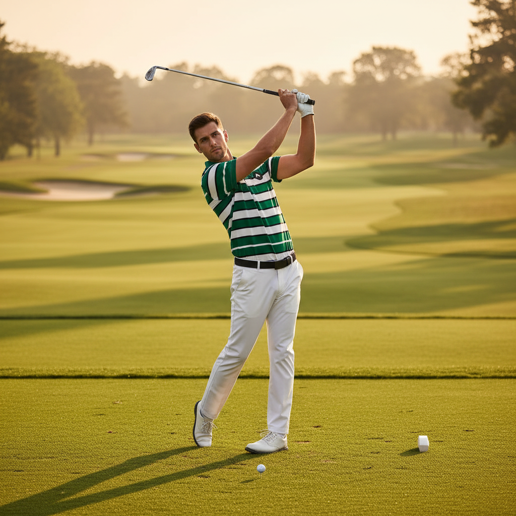 Golfer Backswing in Striped Polo