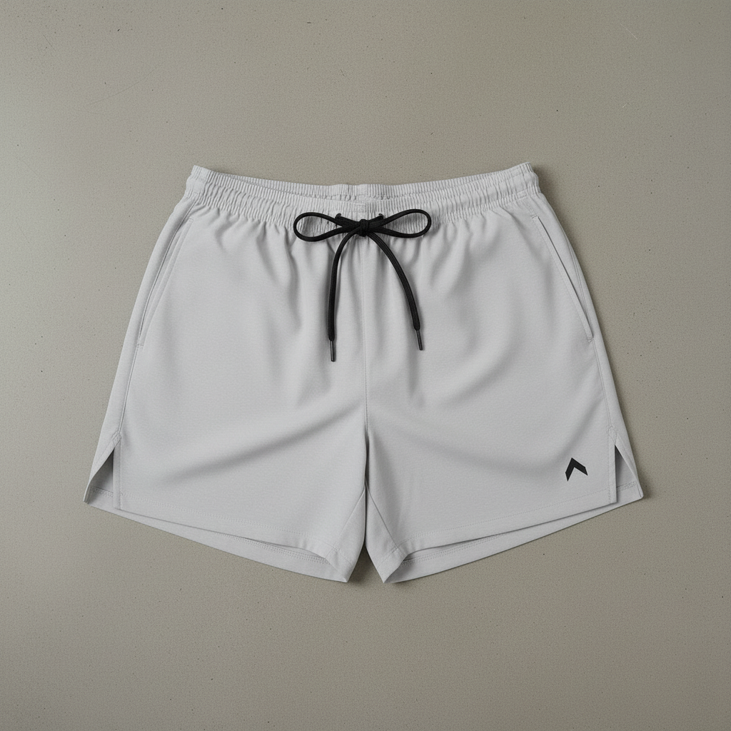 Light gray 3" split running shorts flat lay
