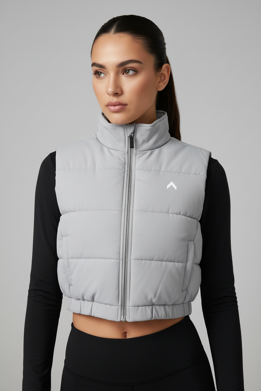 Light Gray Full Zip Crop Puffer Vest