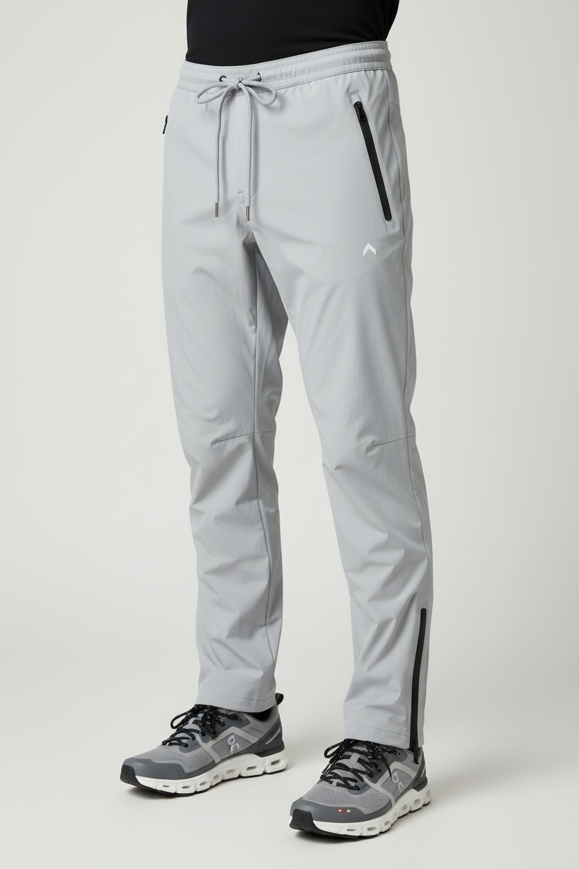 Light gray zip-up rain-proof pants with white logo