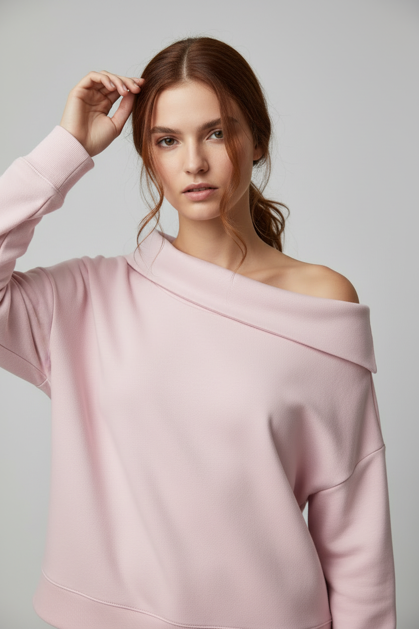 Light pink sweatshirt - different model, asymmetrical shoulder