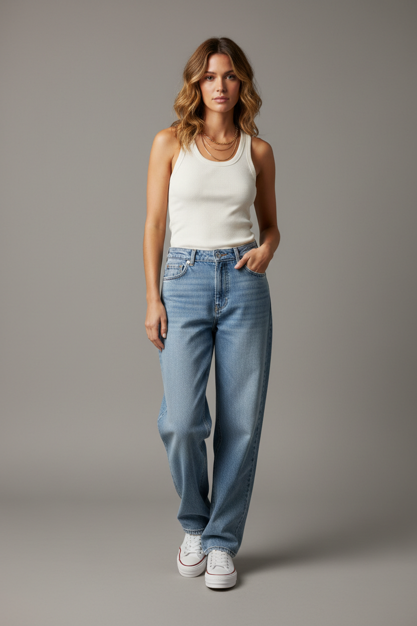 Model in Baggy Light Wash Jeans