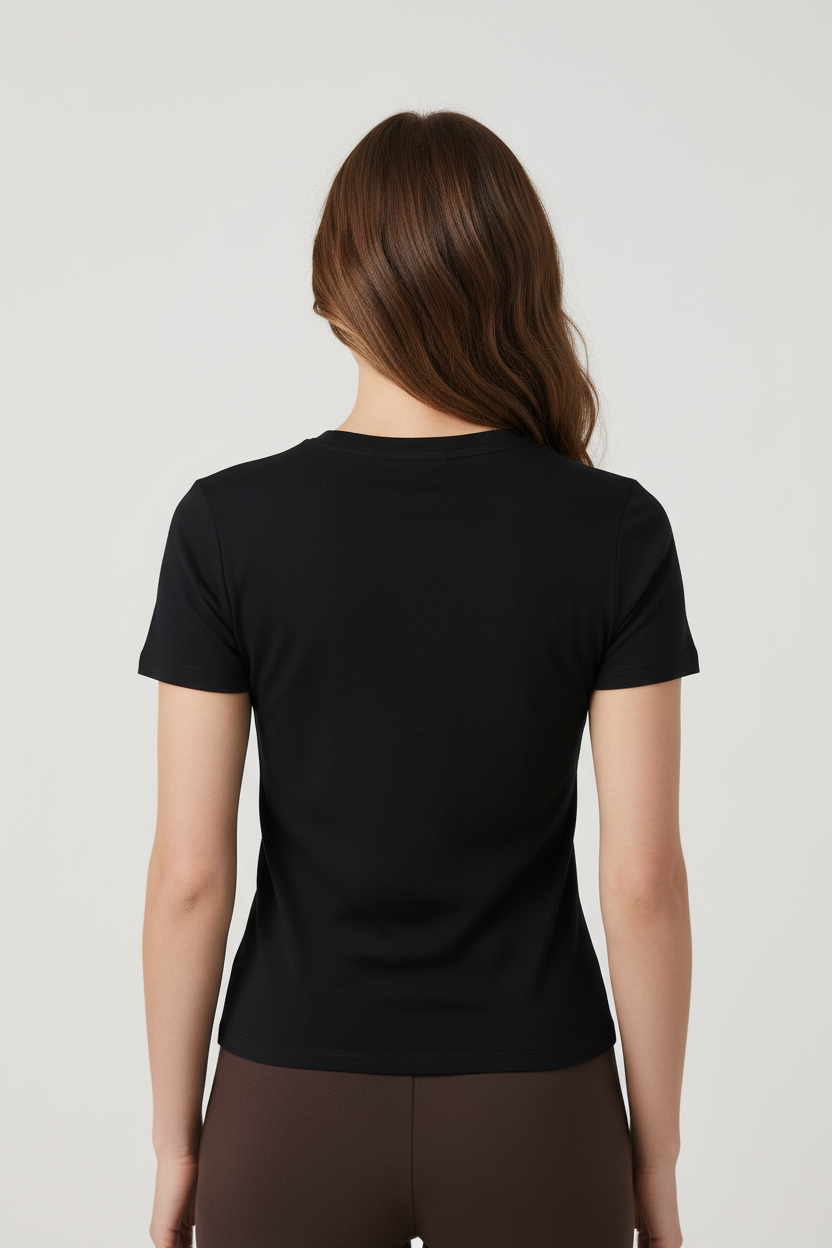 Model in black t-shirt - back view straight