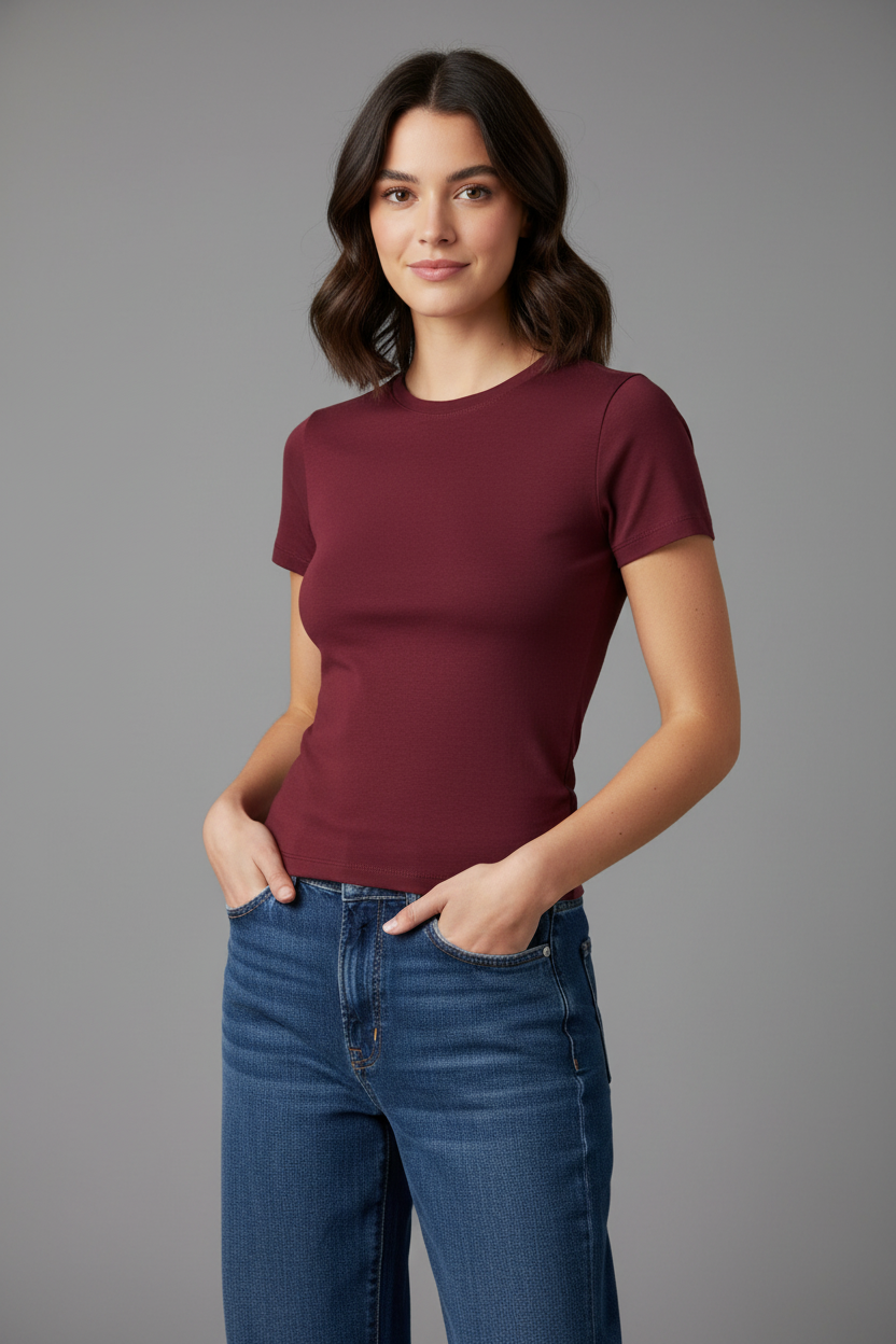Model in burgundy t-shirt - thumbs in pockets
