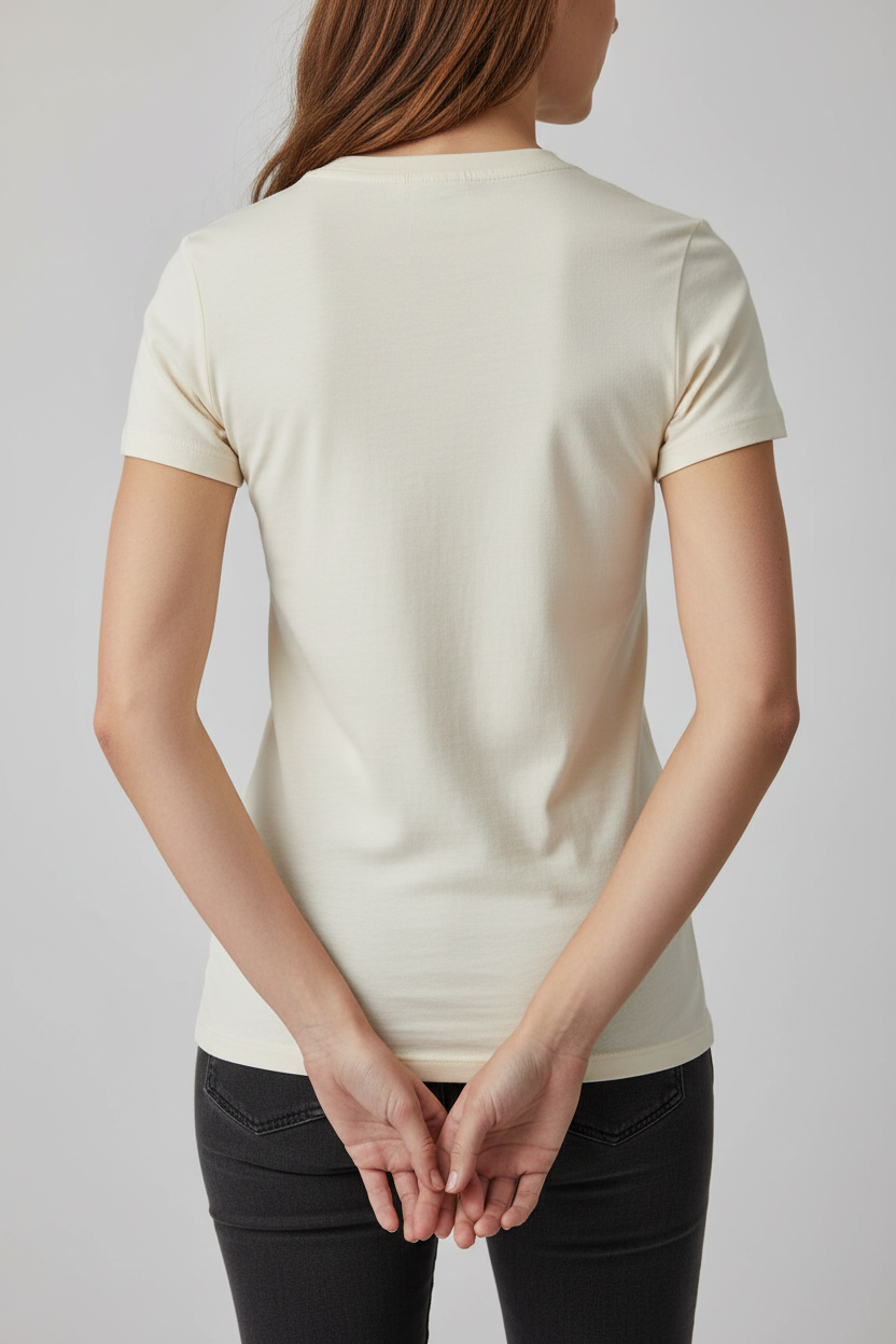Model in cream t-shirt - back view hands clasped