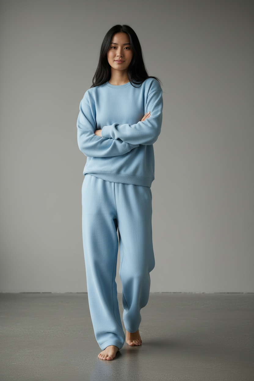 Model in light blue sweatshirt - arms crossed