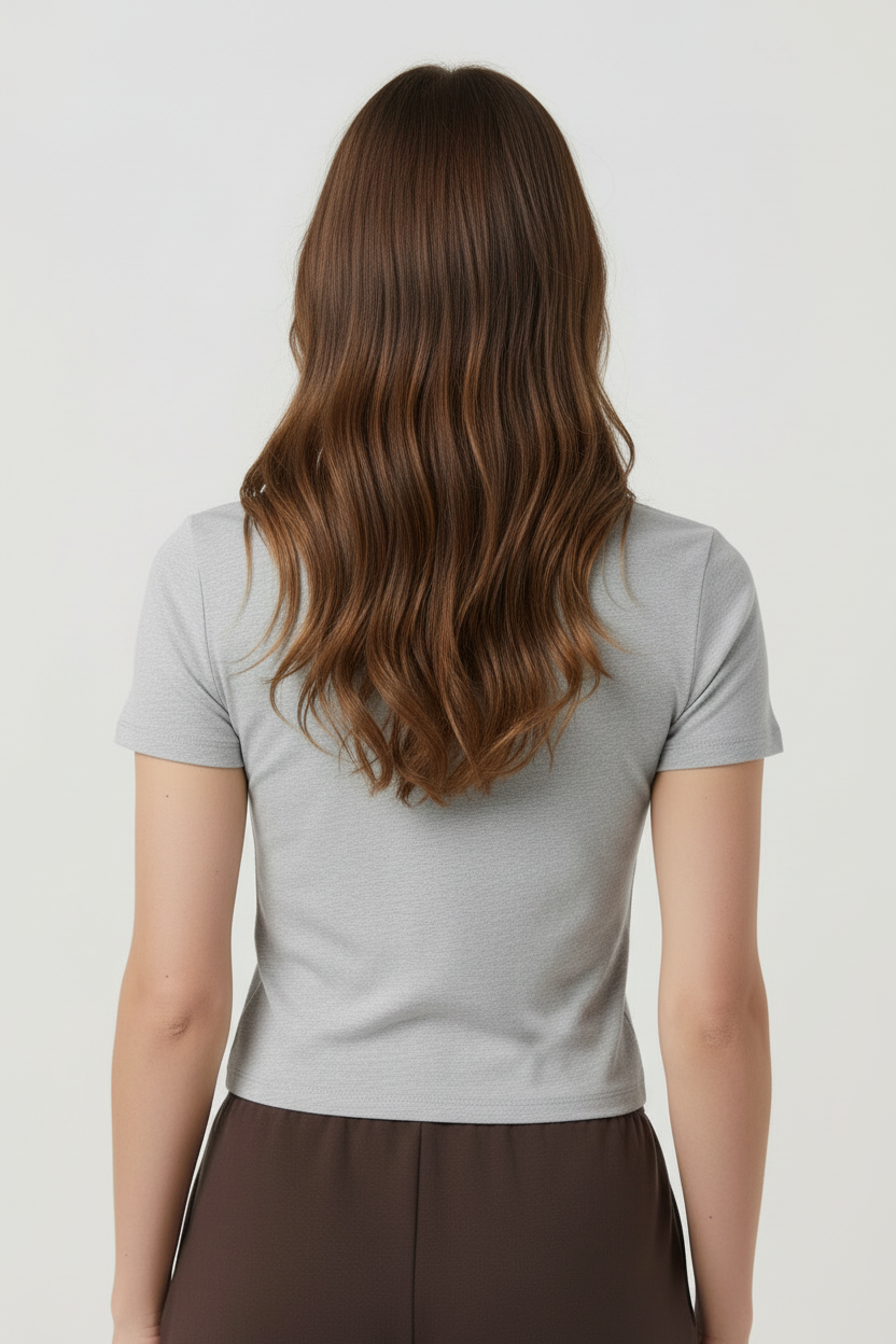 Model in light gray t-shirt - back view straight