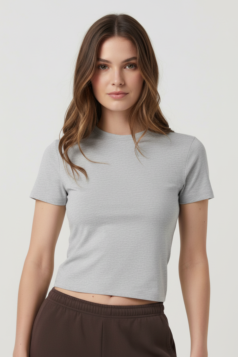 Model in light gray t-shirt - light gray studio